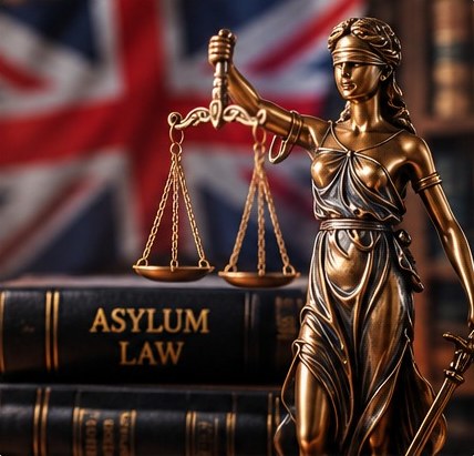 Lady Justice statue beside books titled Asylum Law